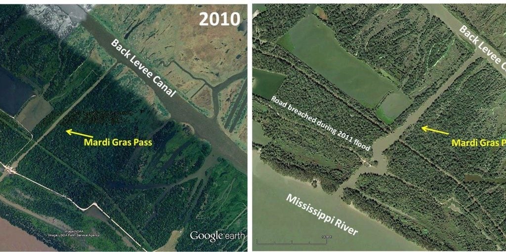Aerial view in 2010 (left) before Mardi Gras Passbegan to develop and in 2016 (right), which has grown by 13 acres since its inception in 2012. Credit: LPBF.