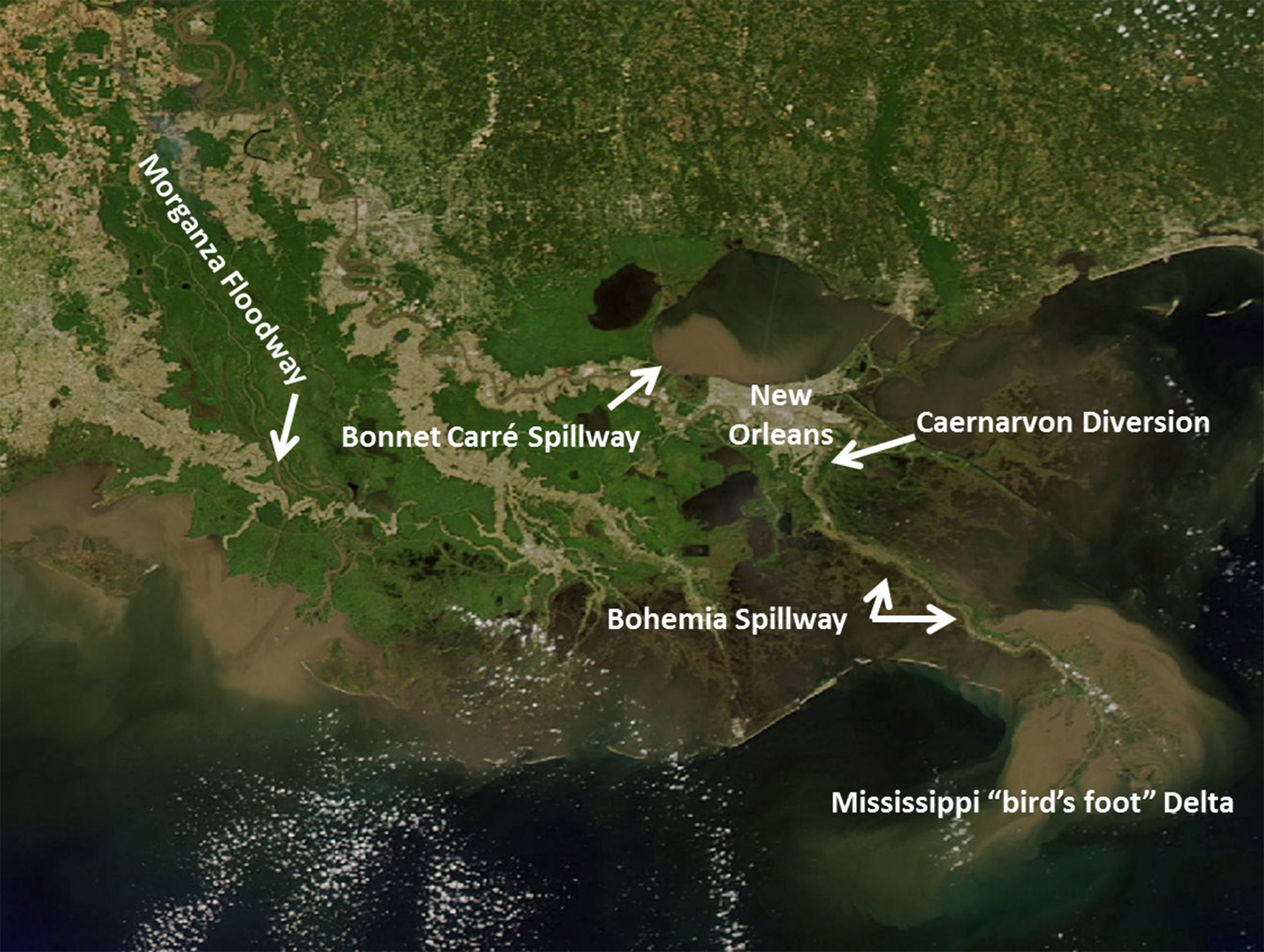 Location of the Caernarvon Diversion and Bohemia Spillway in relation to New Orleans and other river outlets.