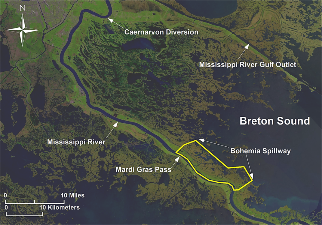 Map of Breton Sound Estuary showing bounding water bodies as well as location of Mardi Gras Pass and Bohemia Spillway within the estuary. Credit: LPBF.
