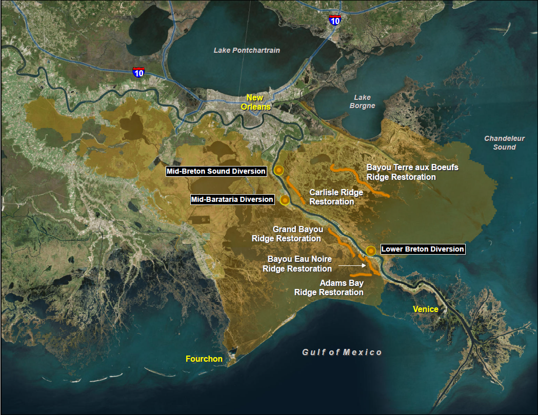 Location of the noted diversion and ridge restoration projects along the Mississippi River in Plaquemines Parish. The gold shading shows the influence area of the diversions.