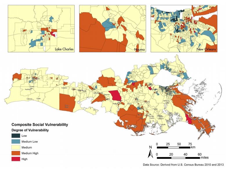 Social vulnerability including all demographic factors considered. More vulnerable communities are shown in red, while less vulnerable communities are shown in blue.
