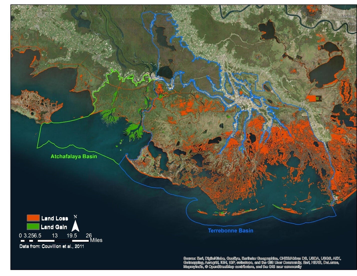 Map of Louisiana's coast depicting land growth in the Atchafalaya Basin and land loss in neighboring Terrebonne Basin