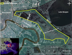 Location of the Central Wetlands in the Pontchartrain Basin. The wetlands are surrounded by impoundments including the MRGO, 40 Arpent Levee and the newly built hurricane protection system around New Orleans.