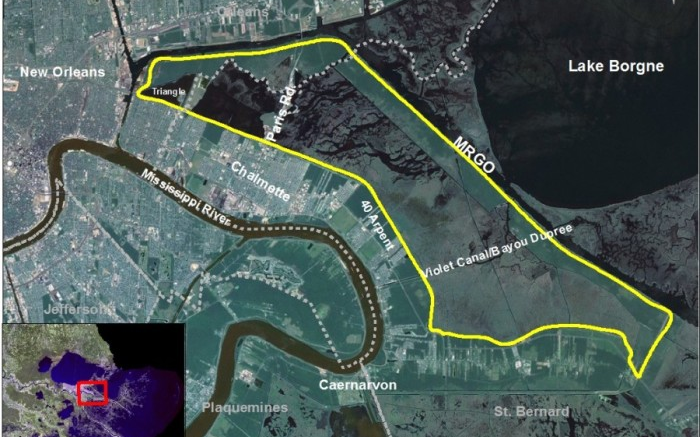 Location of the Central Wetlands in the Pontchartrain Basin. The wetlands are surrounded by impoundments including the MRGO, 40 Arpent Levee and the newly built hurricane protection system around New Orleans.