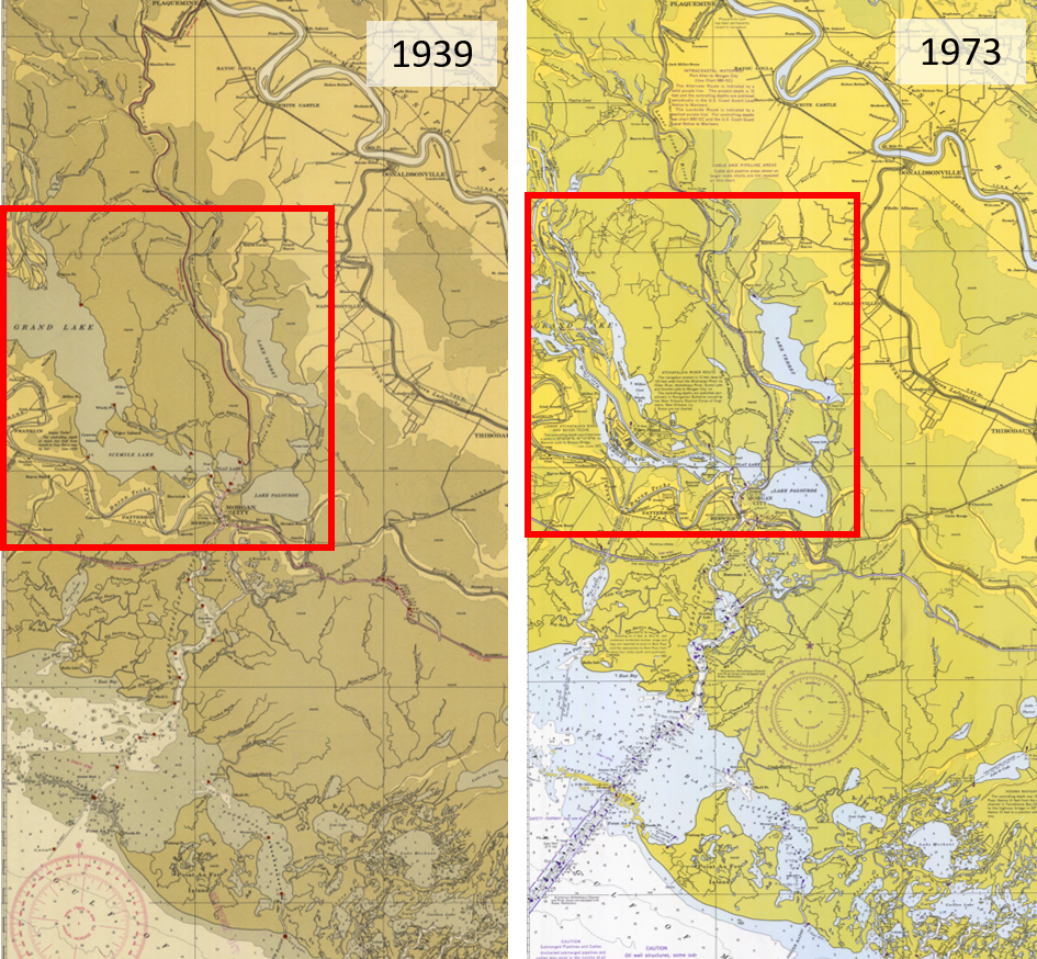 Map of Grand Lake in 1939 vs 1973.
